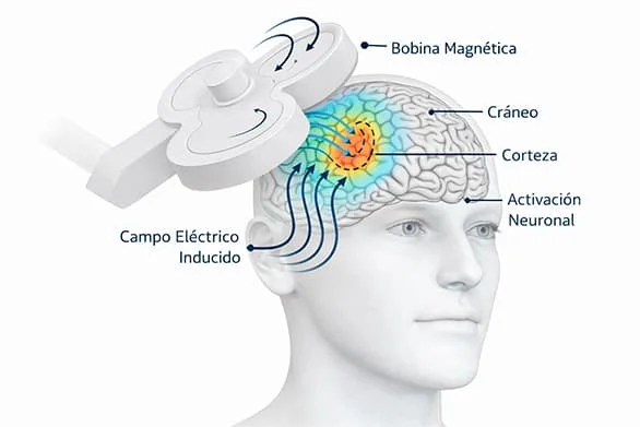 Diagrama de cómo funciona la Estimulación Magnética Transcraneal repetitiva (EMTr)
